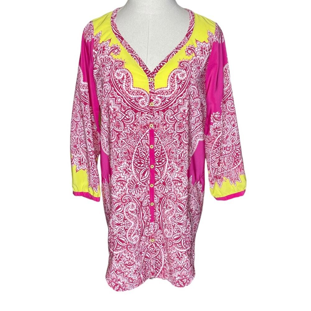 Yoana Baraschi Size Medium Hot Pink and Yellow Button Front Tunic Mandala Design